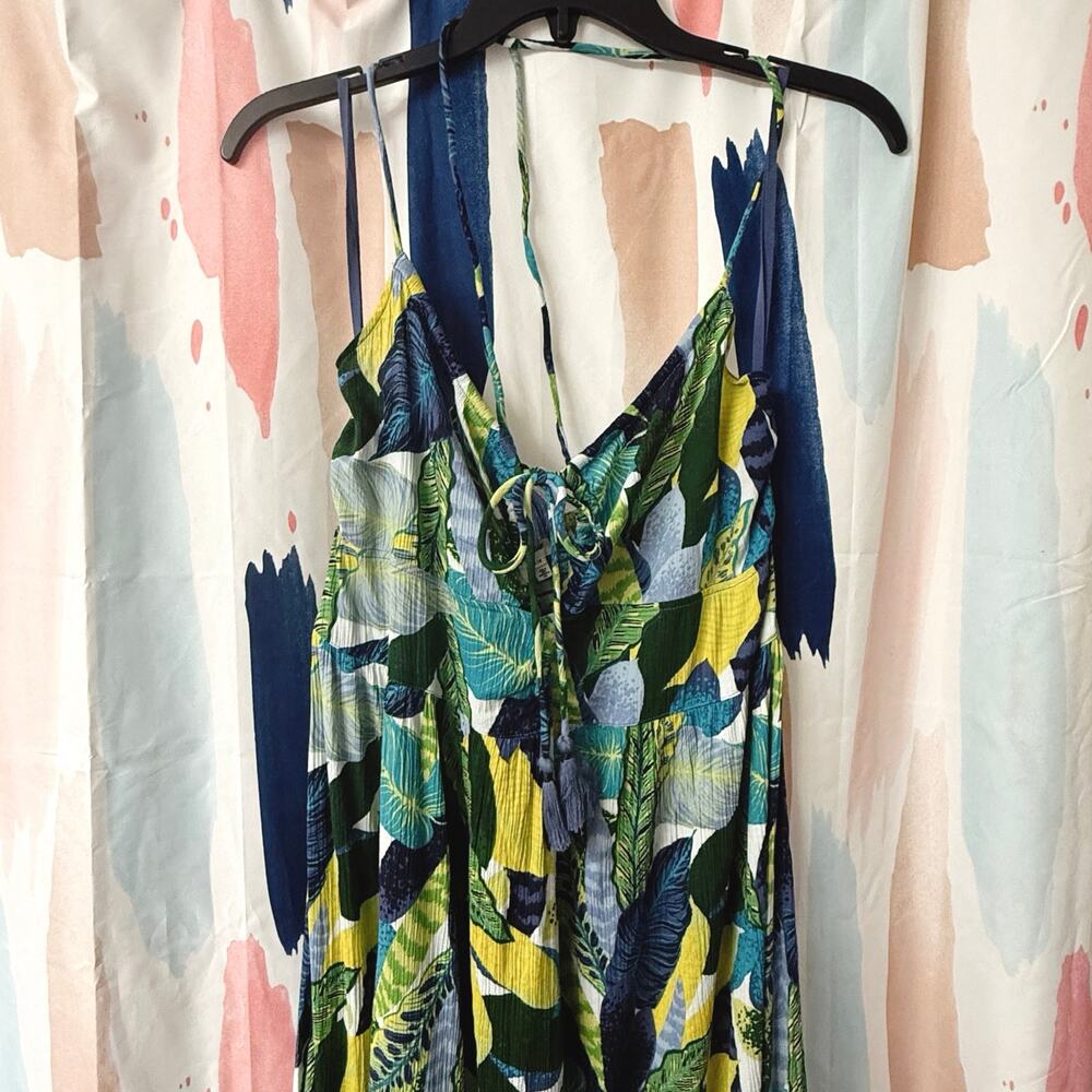 Aerie Paradise Palm Green Blue Halter Cutout Maxi Dress Size Large - Picture 5 of 14